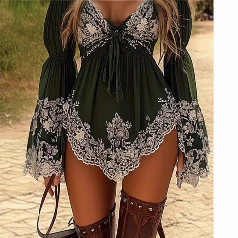 Women's Mini Western Dress Fashionable Printed Long Dresses