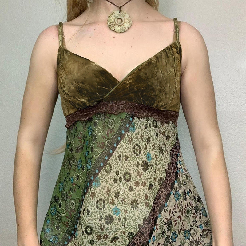 Mori Style Printed Irregular Lace Trim Tops