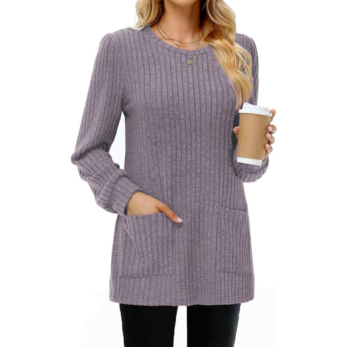 Mid-length Casual Round Neck Sunken Stripe Solid Sweaters