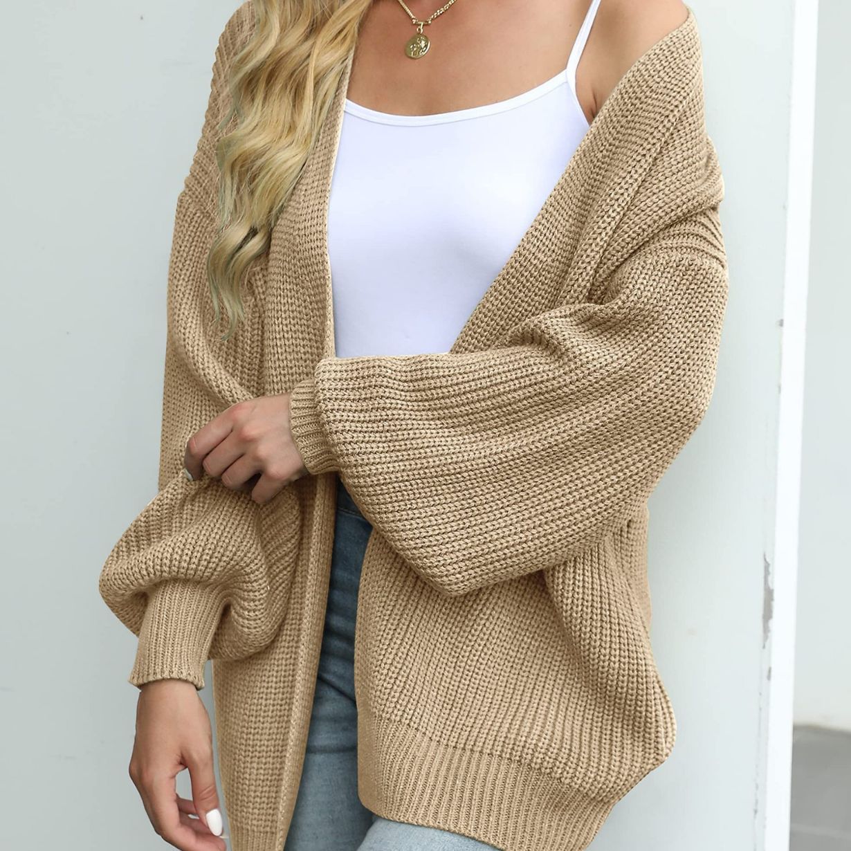 Women's Lantern Sleeve Coarse Yarn Pocket Knitted Women's Sweater