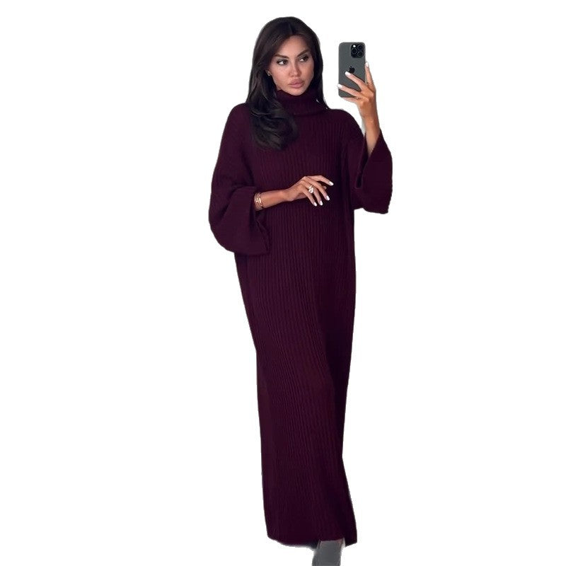 Women's Autumn High Collar Loose Casual Striped Dresses
