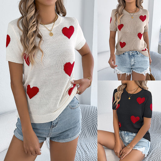 Women's Casual Contrast Color Love Short-sleeved Valentine's Sweaters