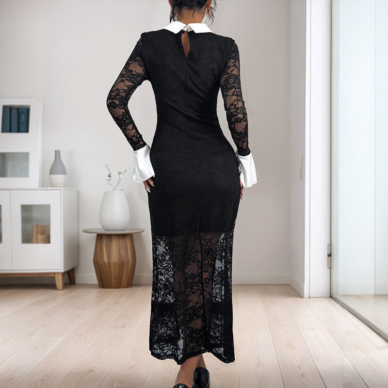 Dress Black White Contrast Color Lapels Dresses