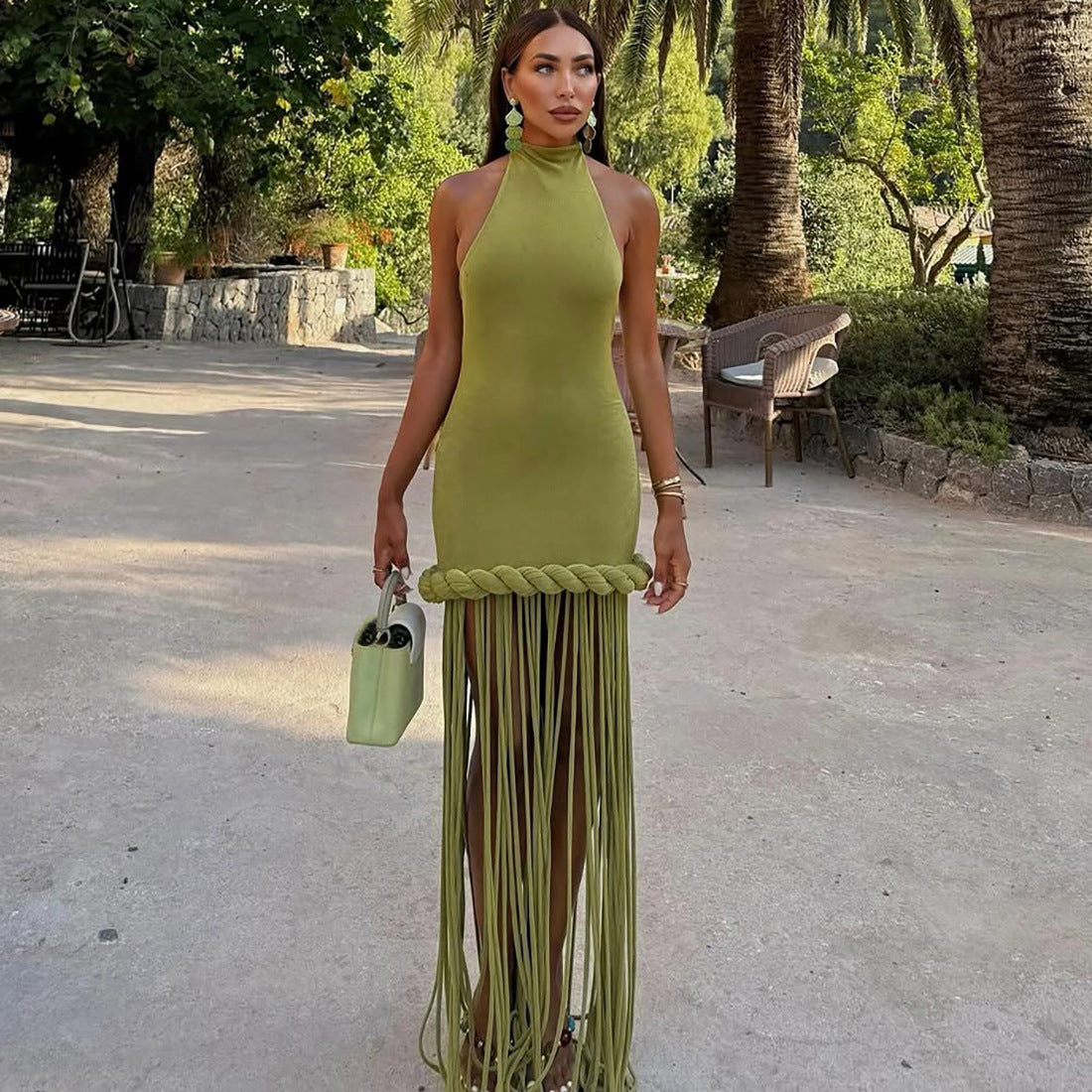 Women's Solid Color Tassel Design Sexy Halter Backless Slim Fit Dress