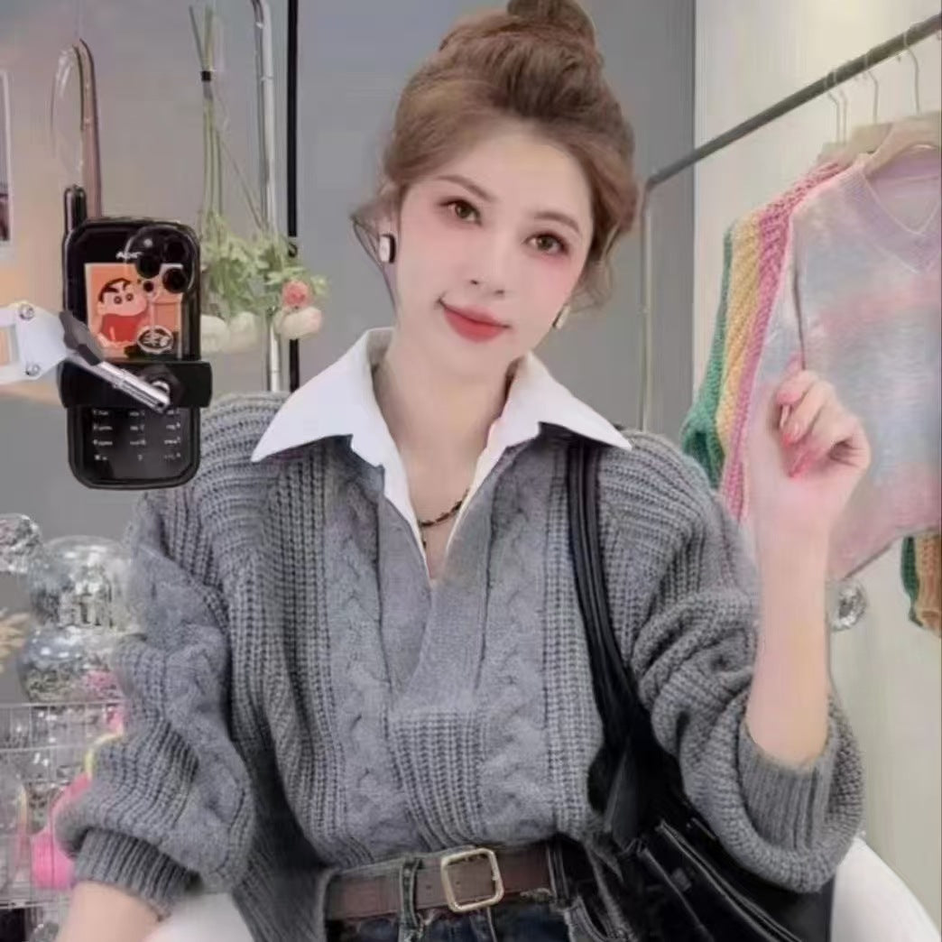 Women's Style Fake Two-piece Autumn Design Pullover Loose Slimming Sweater