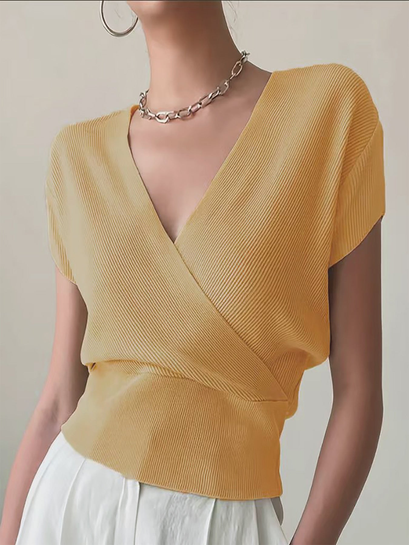 Women's Color With Cross Collar On Both Sides Easy Matching Waisted Women's Sweater