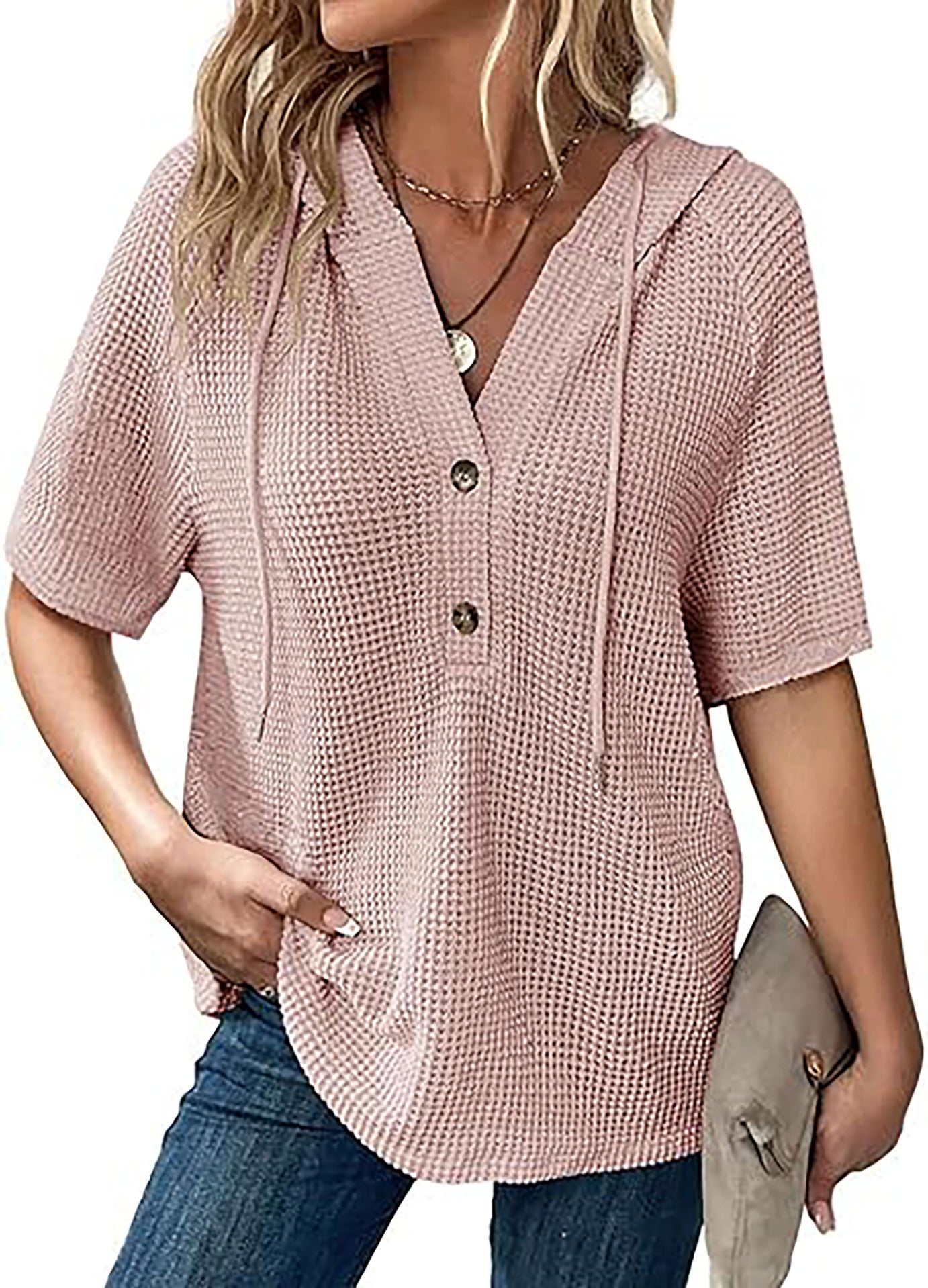Women's Summer Waffle Knitted Short-sleeved Shirt Lightweight Drawstring Blouses