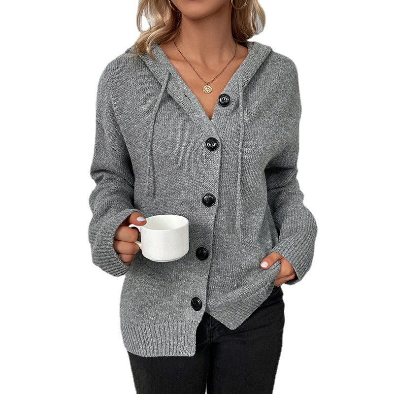 Women's Solid Color Hooded Single-breasted Drawstring Knitted Coats