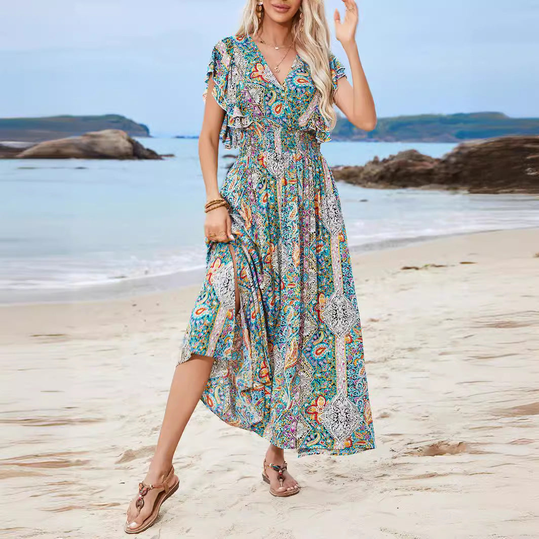 Women's Backless Rayon Printed Ruffled Sleeves Split Dresses