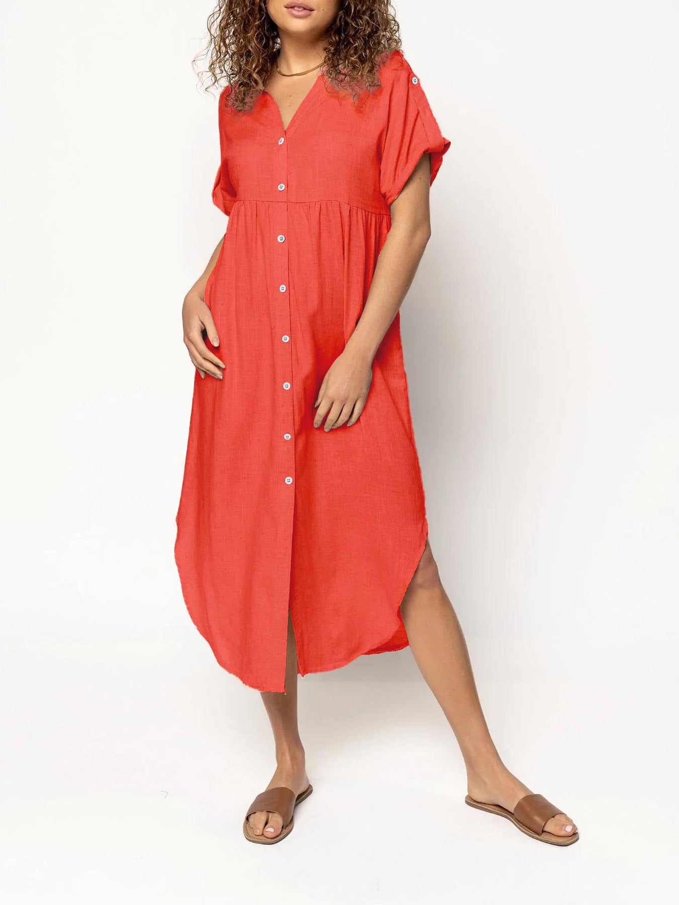 Loose Temperament Casual Solid Color Buttons Dress