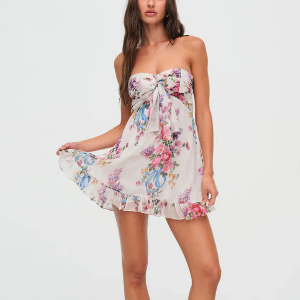 Sexy French Style Printed Translucent Floral Strapless A- Dress