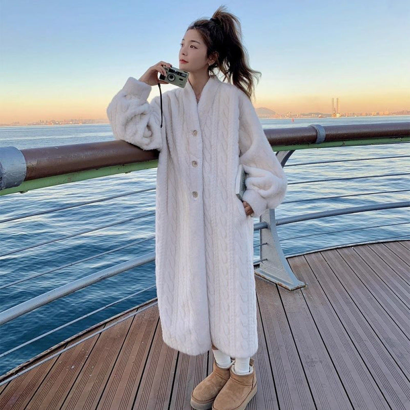 Women's Woolen Twist Mink Fur Loose Over Coats