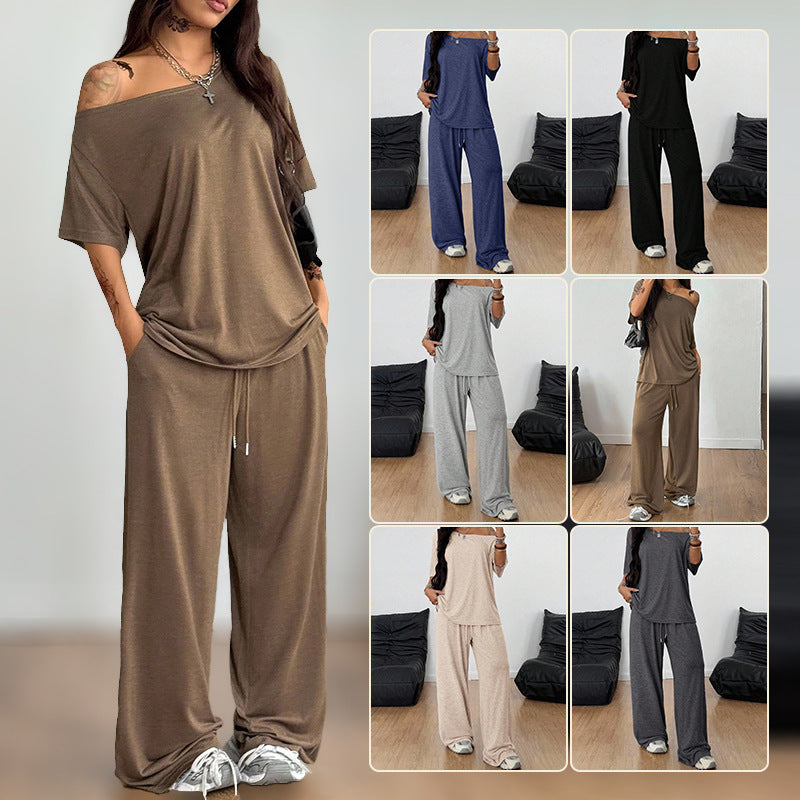 Women's Collar Wide Leg Solid Color Sports Two-piece Fashion Casual Suit