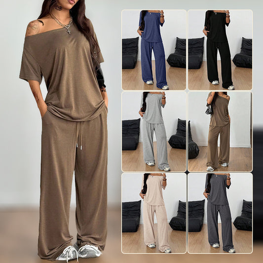 Women's Collar Wide Leg Solid Color Sports Two-piece Fashion Casual Suit
