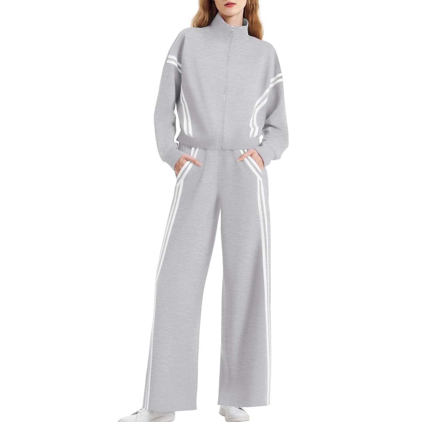 Wear Zipper Sports Contrast Color Striped Wide Leg Jogger Travel Fashion Casual Suit