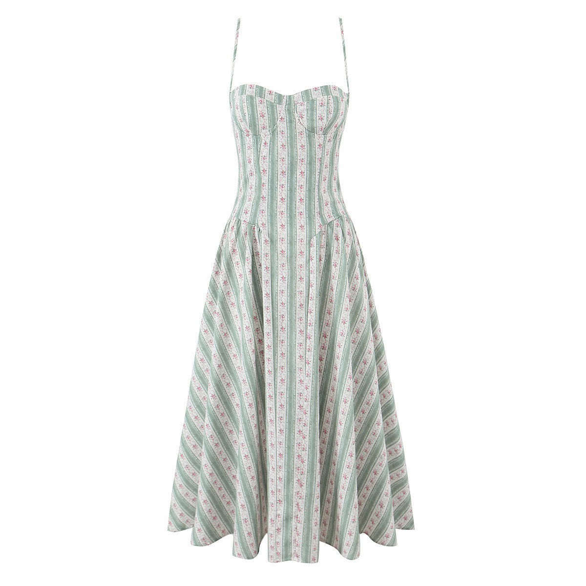 Women's Fashion Sweet French Green Striped Cotton Dresses