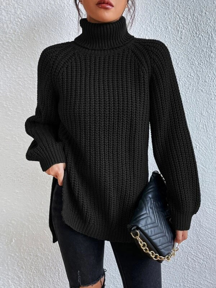 Women's Mid-length Raglan Sleeve High Lapel Split Knitwear