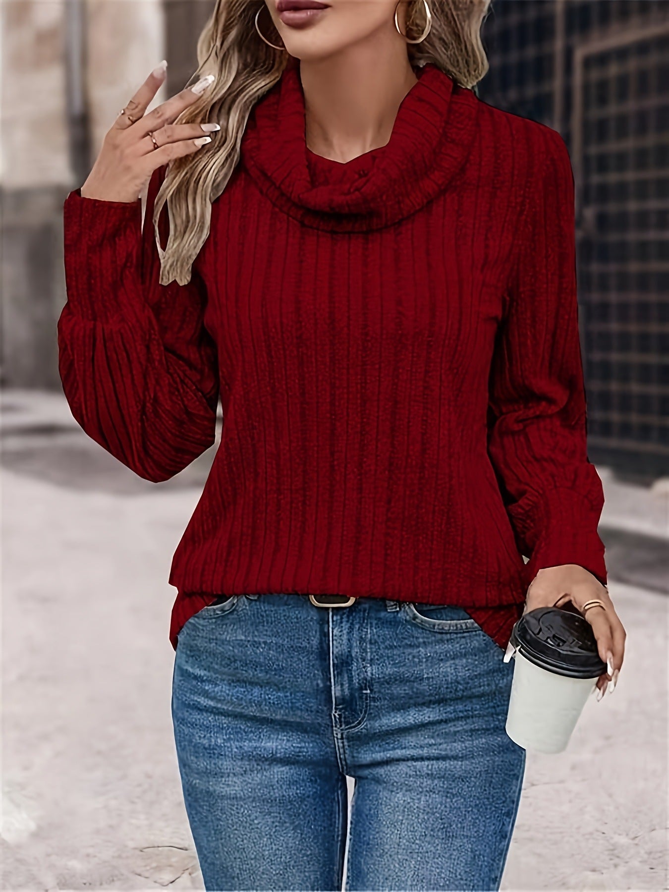 Women's Casual Solid Color Turtleneck Long Upper Outer Women's Sweater