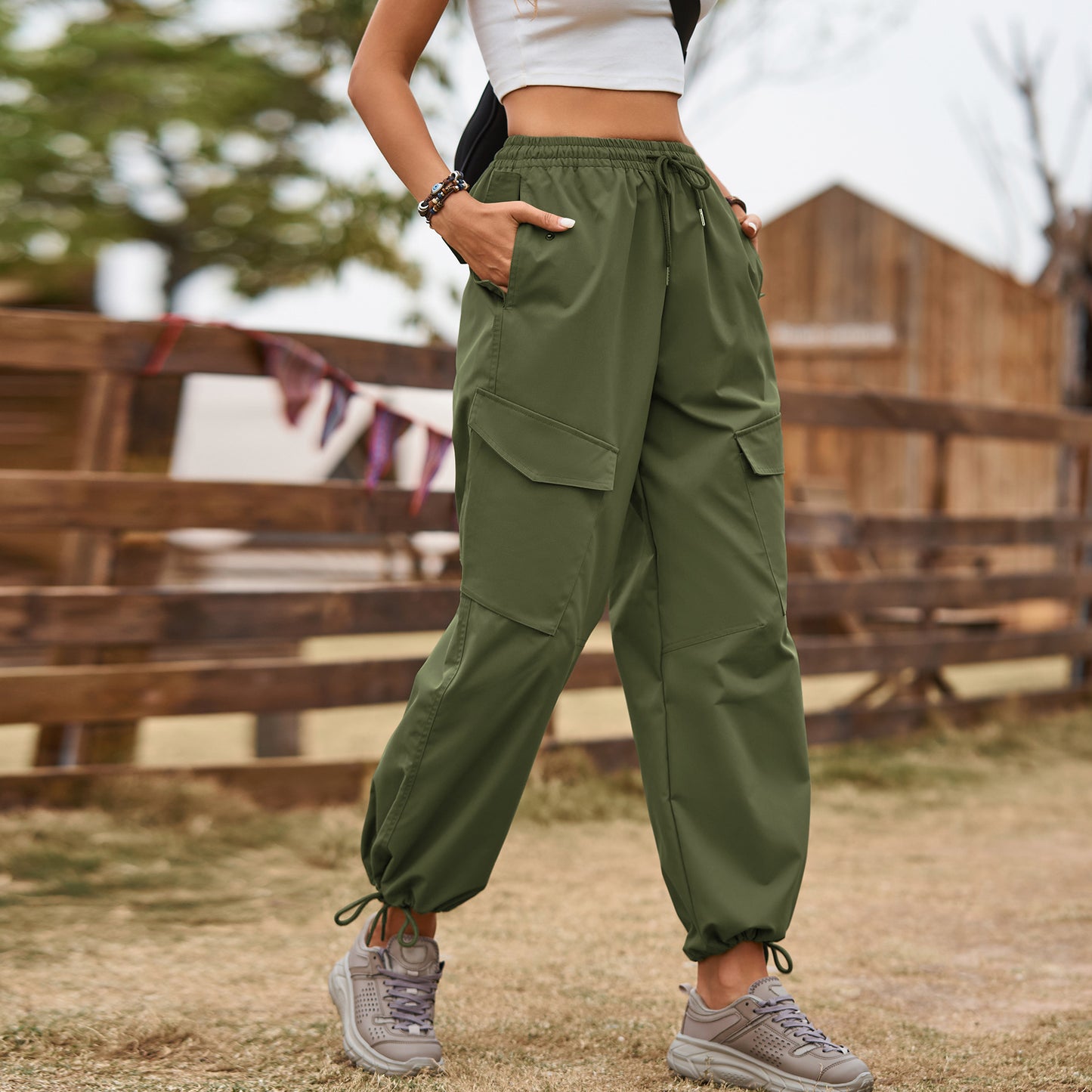 American Street Loose Drawstring Elastic Waist Overalls Pants