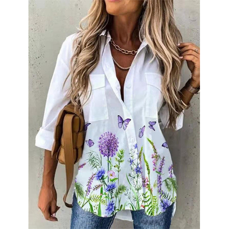 Women's Fashion Digital Printing Long Sleeve Shirt Blouses