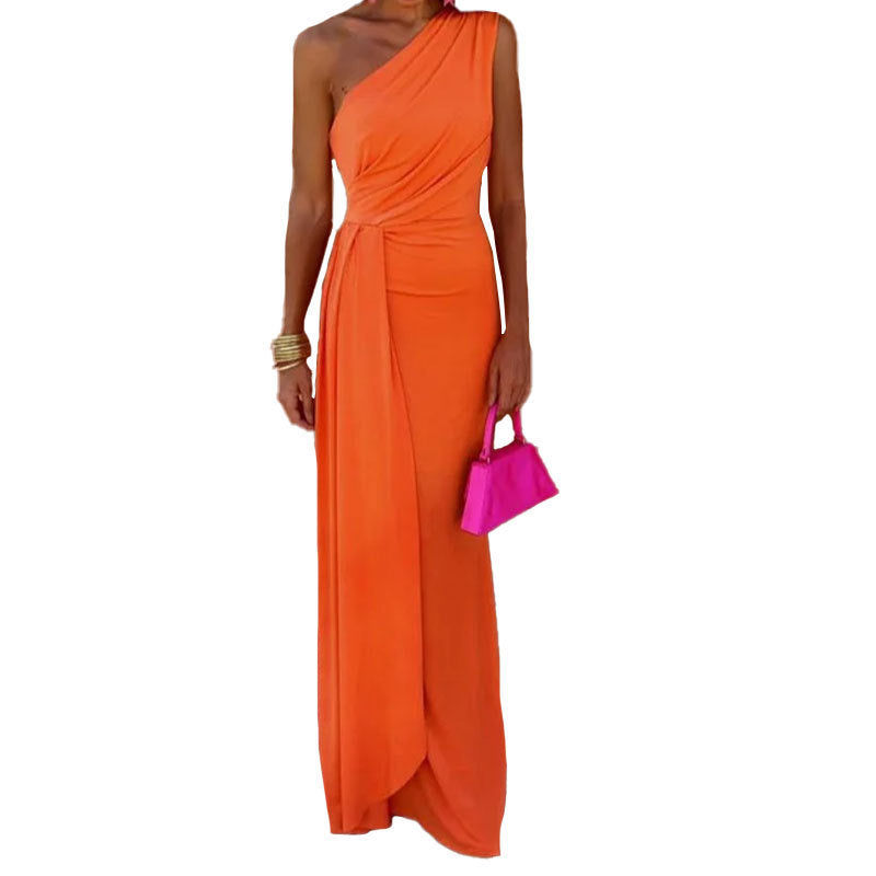 Women's Color Sexy Sleeveless Diagonal Collar Banquet Dresses