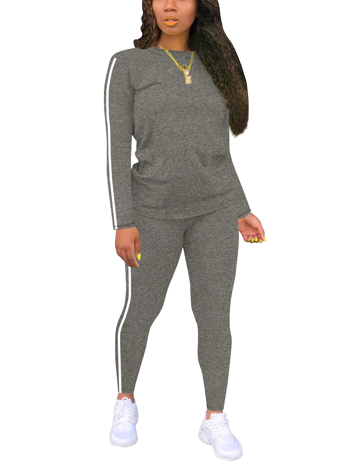 Women's Round Neck Long Sleeve Patch Trousers Side Fashion Casual Suit