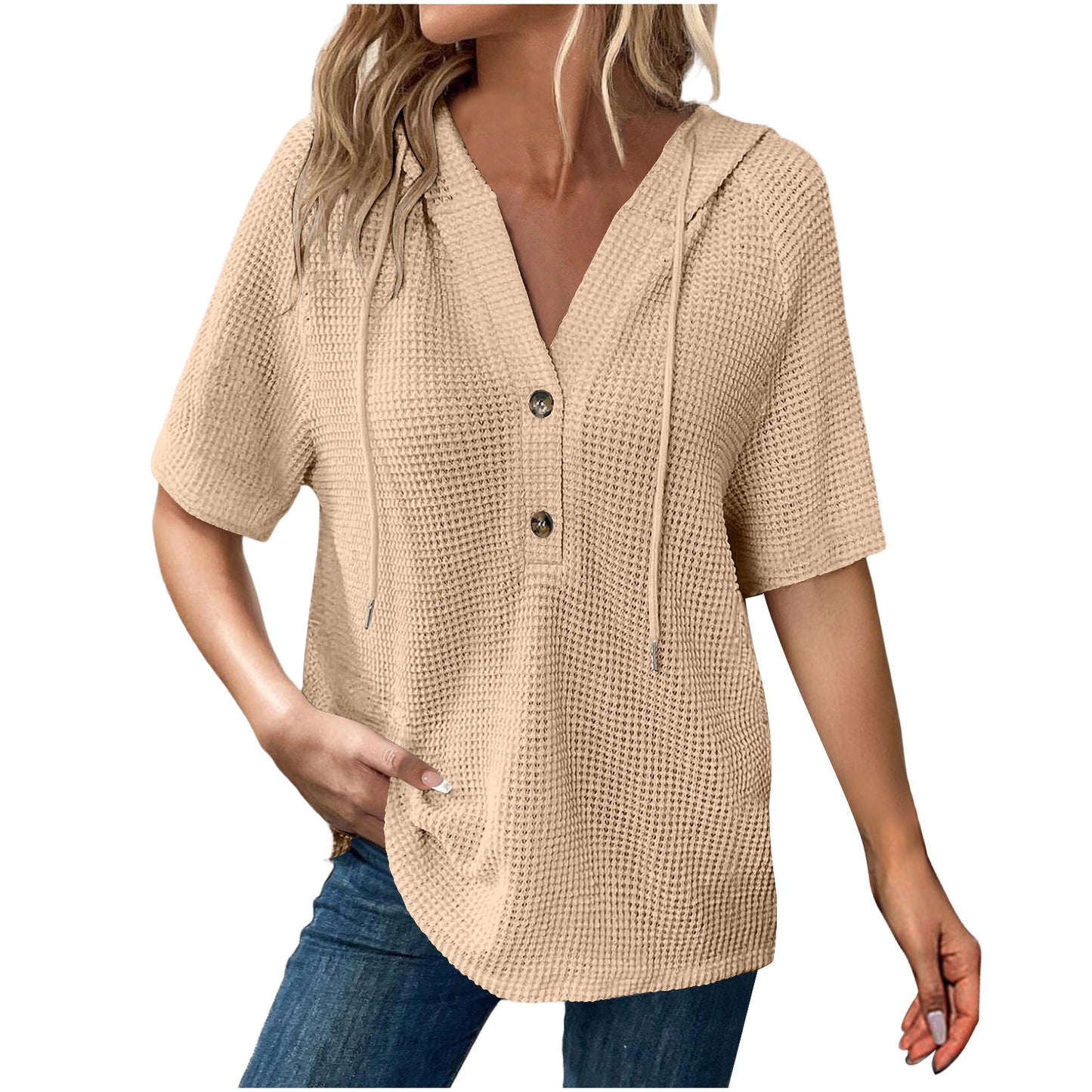 Women's Solid Color Waffle Hooded Button Loose Sleeve Shorts