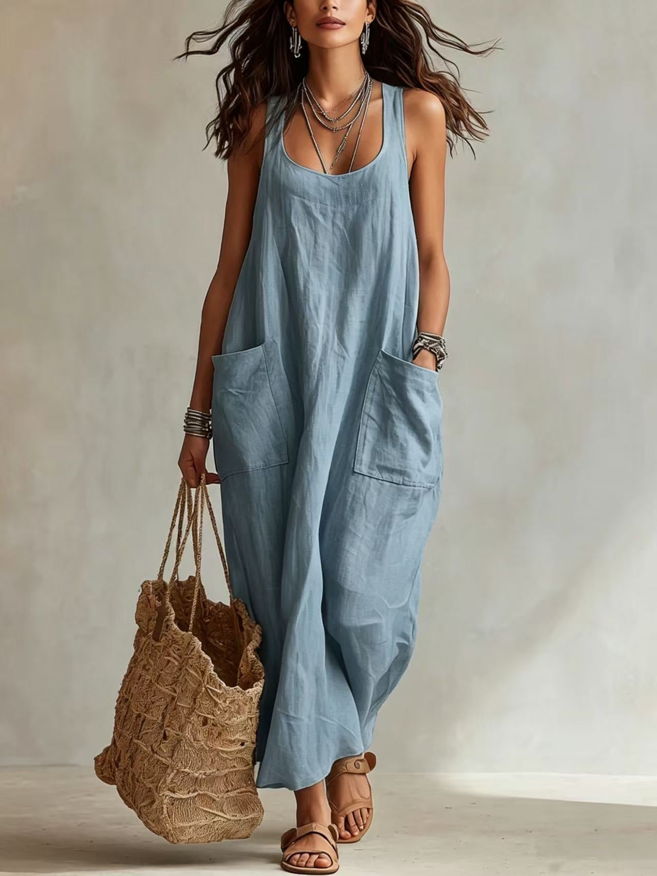 Women's Summer Elegant Casual With Big Pockets Strap Dress
