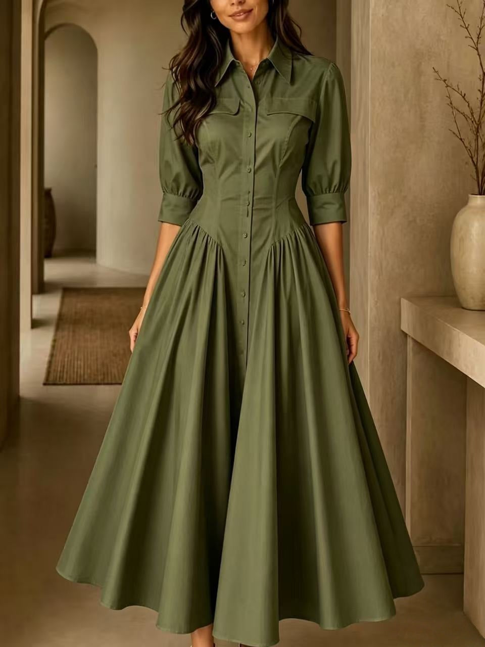 Linen Blended Breasted High Waist Pure Color Dress