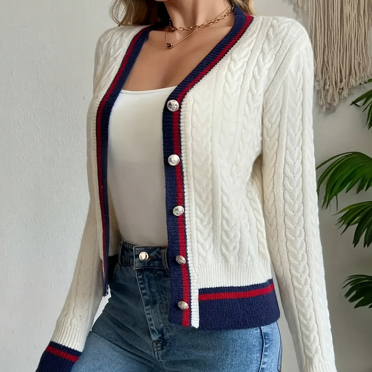 Women's Contrast Color Preppy Style Button Knitted Women's Sweater