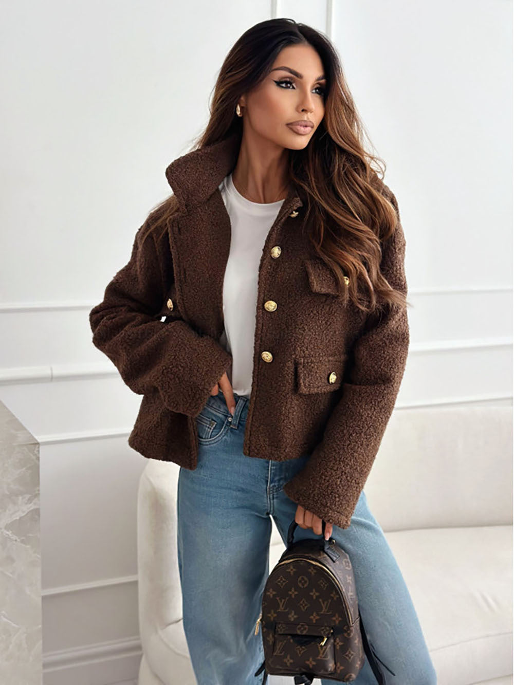 Women's Popular Lapel Button Decorations Cashmere Coats