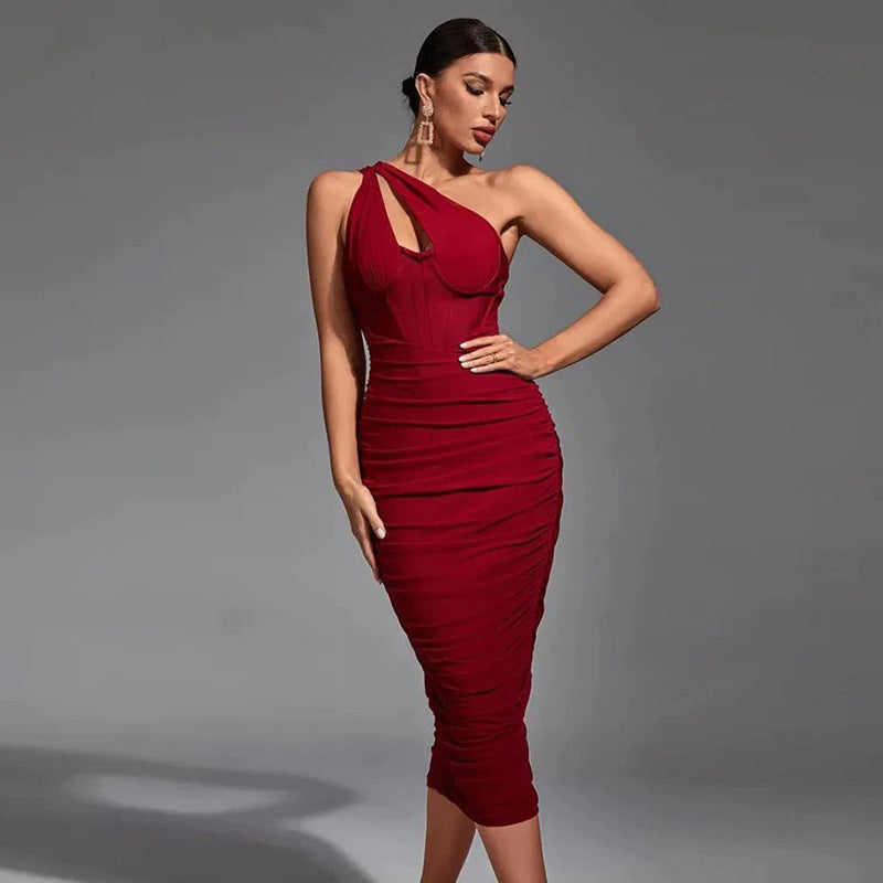 Solid Color Pleated Shoulder Fishbone Hollow Dresses