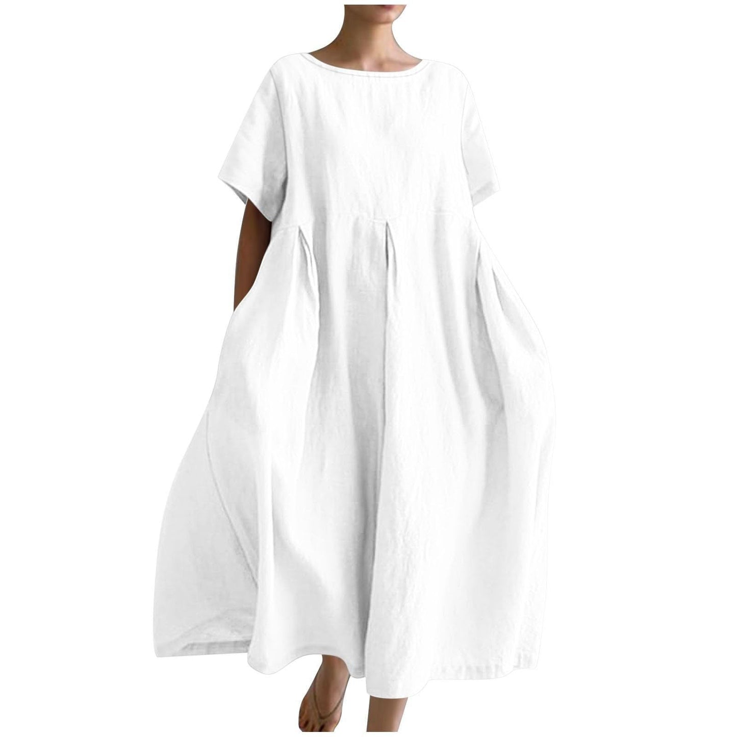 Women's Cotton Linen Loose Round Neck Fashion Dress