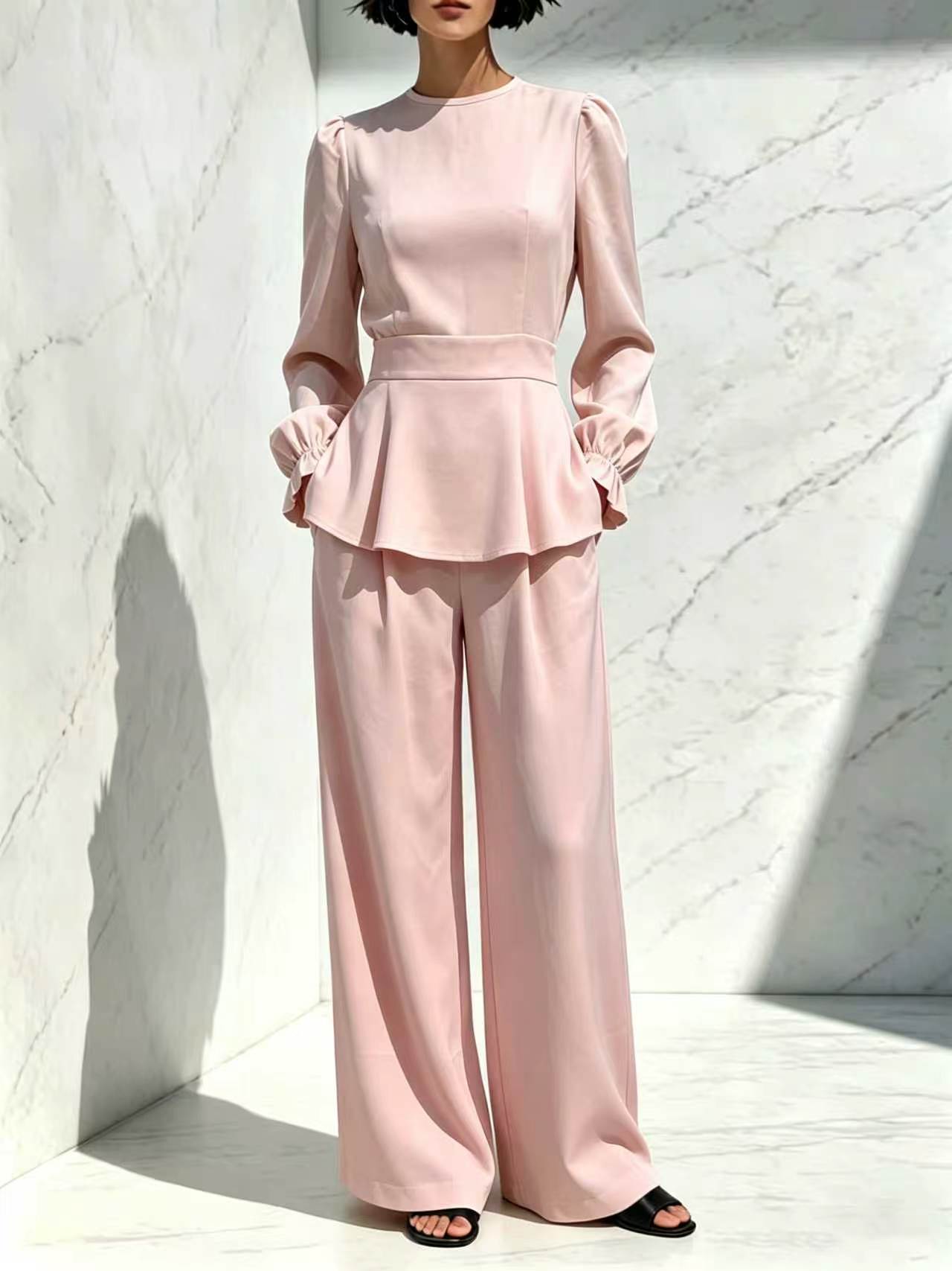 Long Sleeve Trousers Puff Design Elastic Fashion Casual Suit