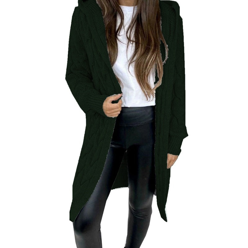 Mid-length Solid Color Twist Hooded Knit Women's Sweater