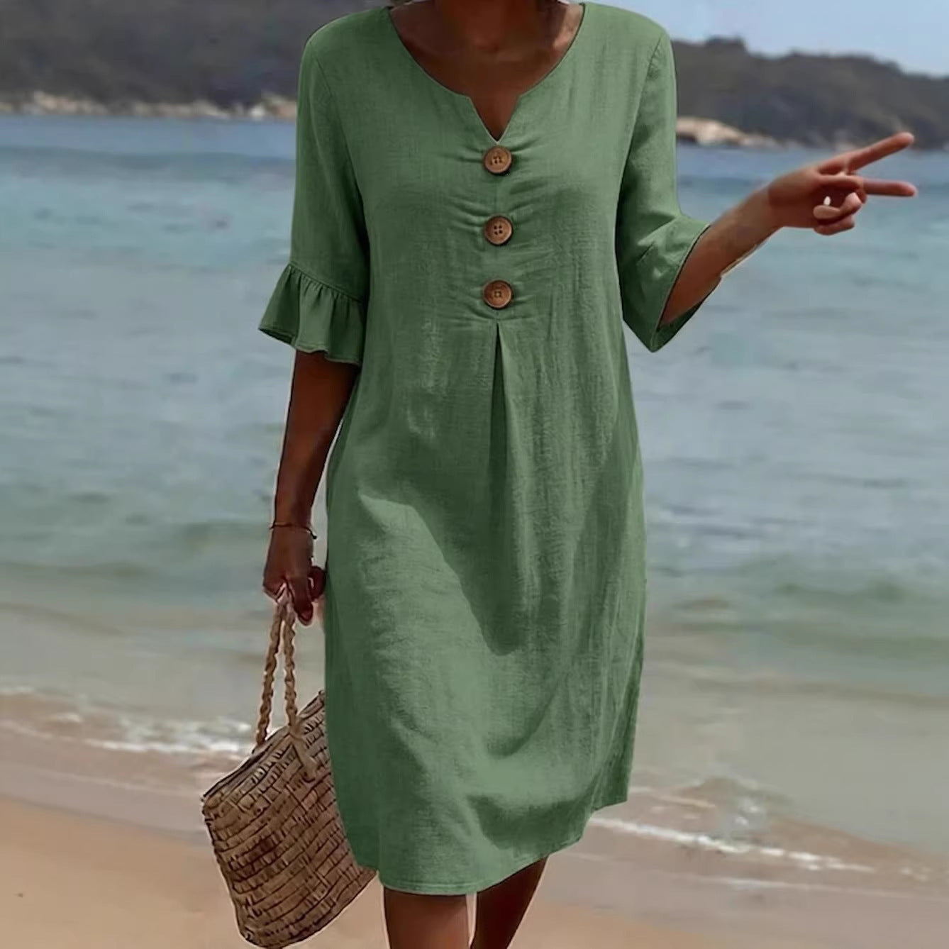 Women's Cotton Linen Buttons Ruffle Sleeve Dress