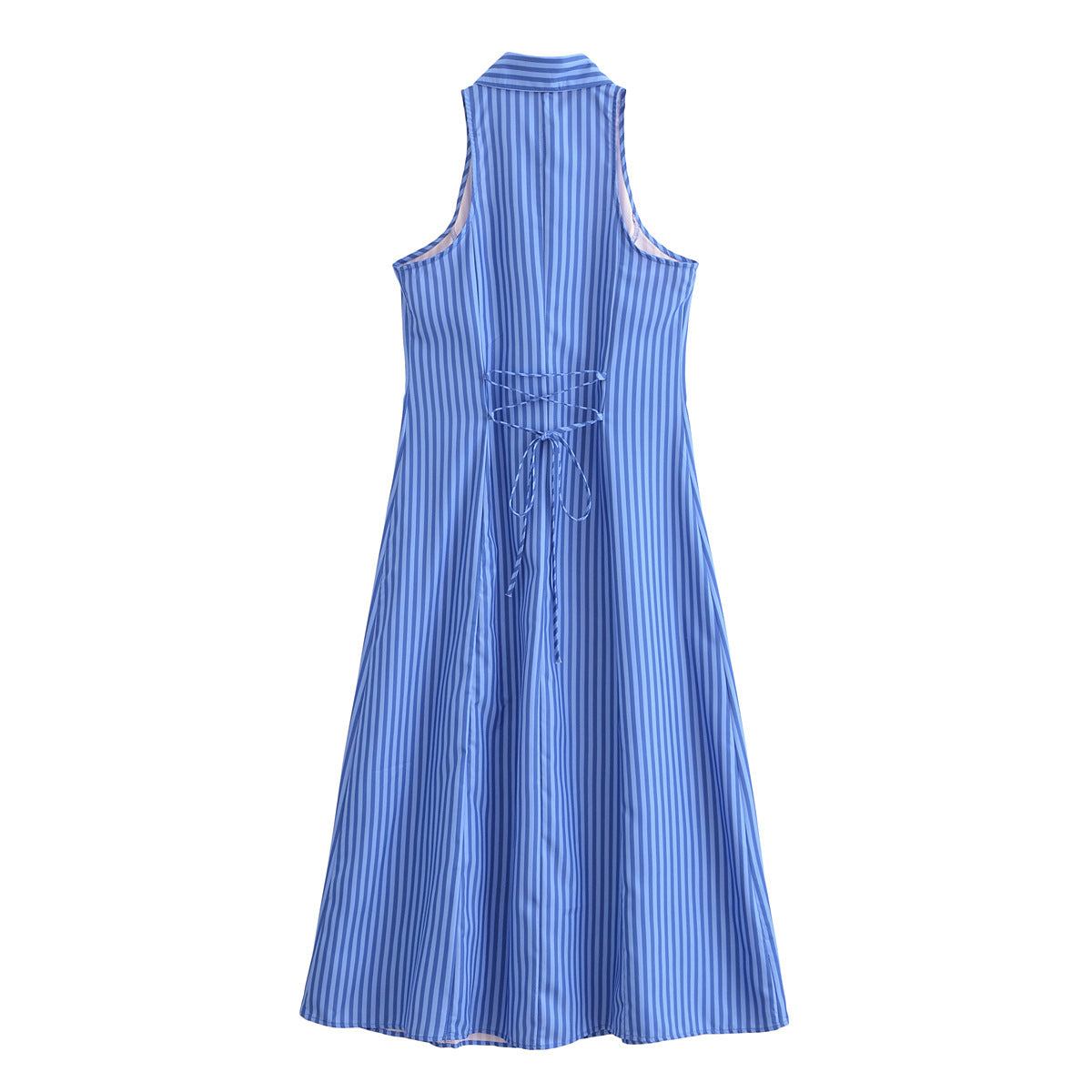 Women's Striped Lapel Single Breasted Sleeveless Lace Dresses