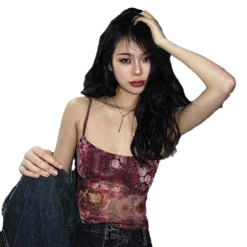 Retro Printed Mesh Hot Waist Trimming Tops