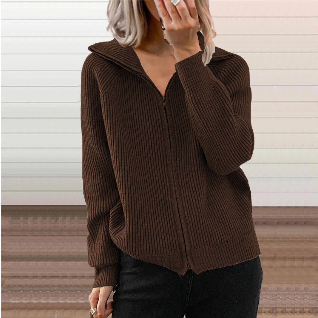 Women's Striped Casual Loose Zipper Long Sleeve Lapel Cardigans