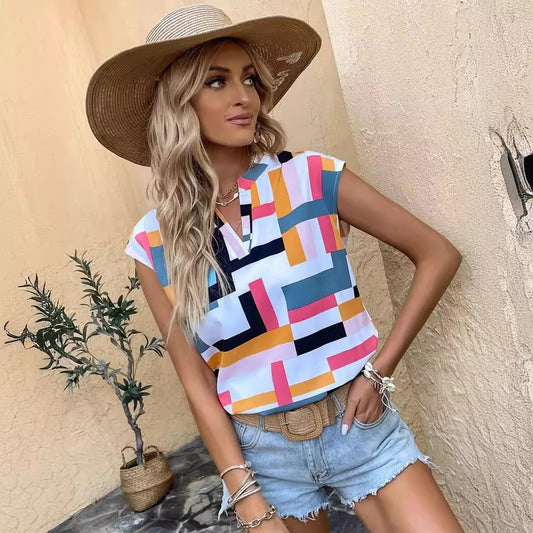 Women's Summer Geographic Print Cropped Neckline Batwing Blouses