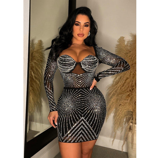Women's Wear Pure Color Mesh Rhinestone Long Dresses