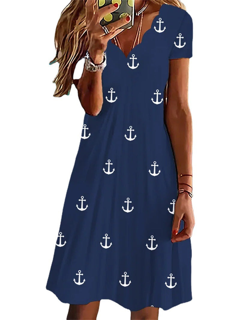 Summer Printed Short-sleeved Fluted Collar Dress Dresses