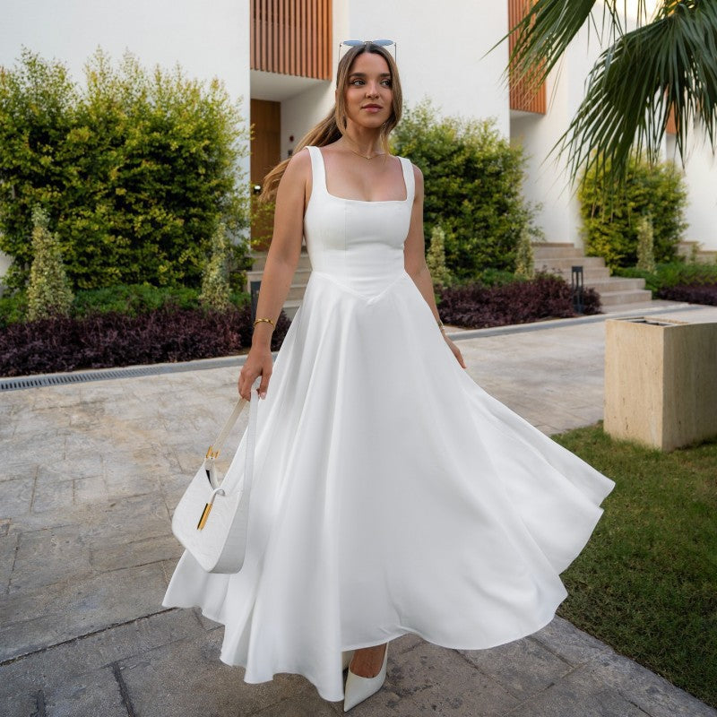 Women's Summer Temperament Square Collar Sleeveless Waist Trimming Dress