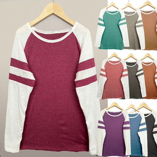 Striped Stitching Long Sleeve T-shirt Round Blouses