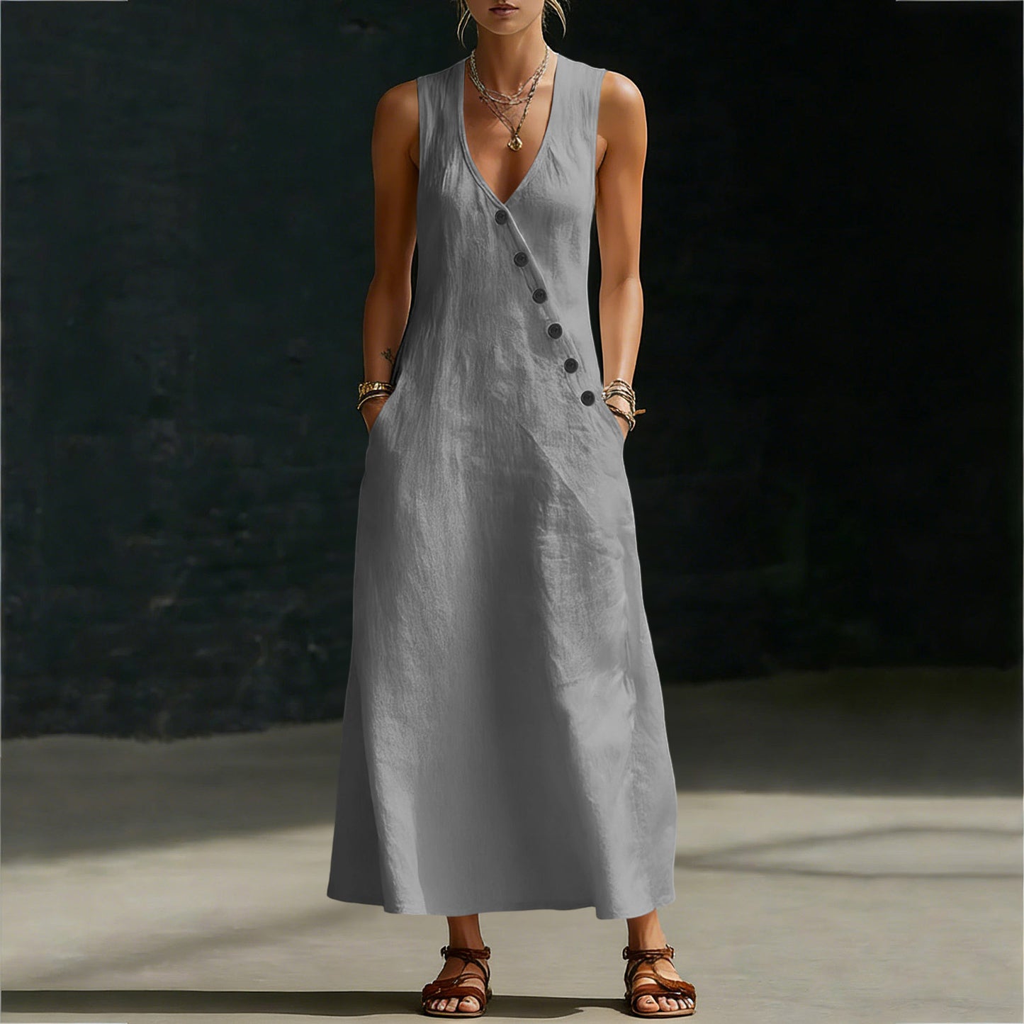 Idle Style Double-breasted Cotton Linen Sleeveless Dress