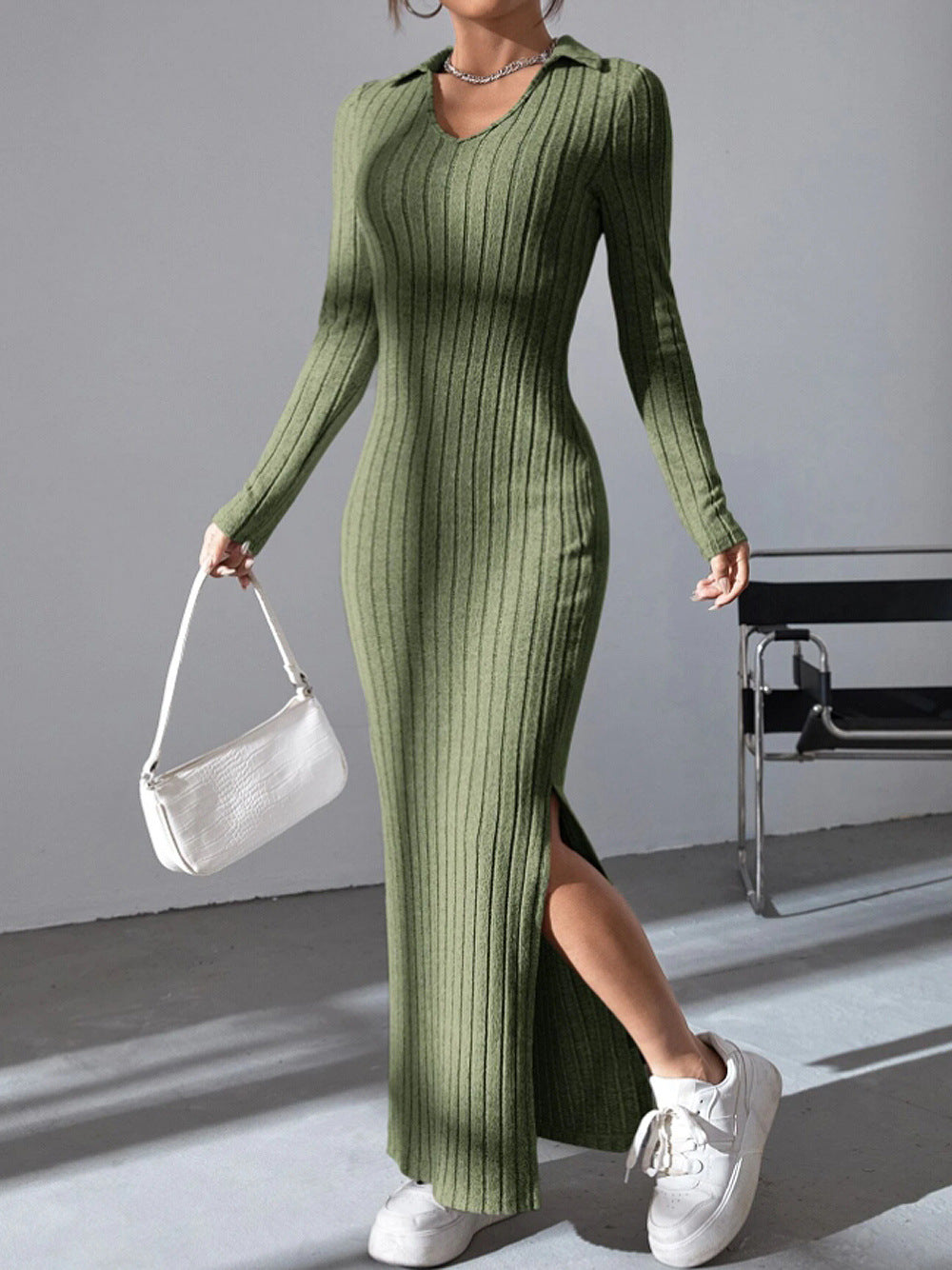 Slim Fit Lapel Split Sunken Stripe Dress