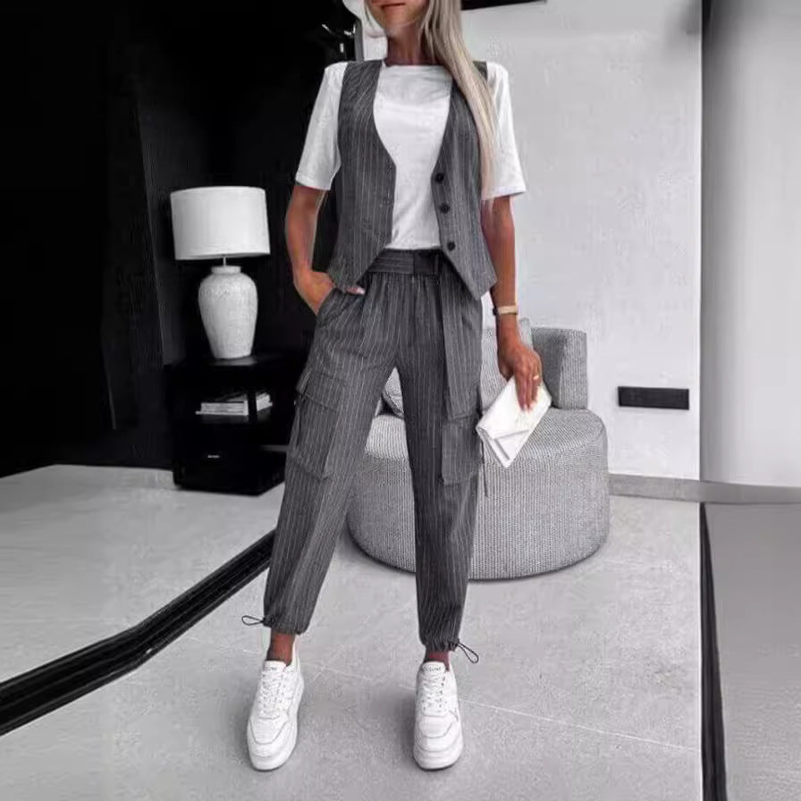 Stylish Classic Women's Printed Sleeveless Trousers Fashion Casual Suit