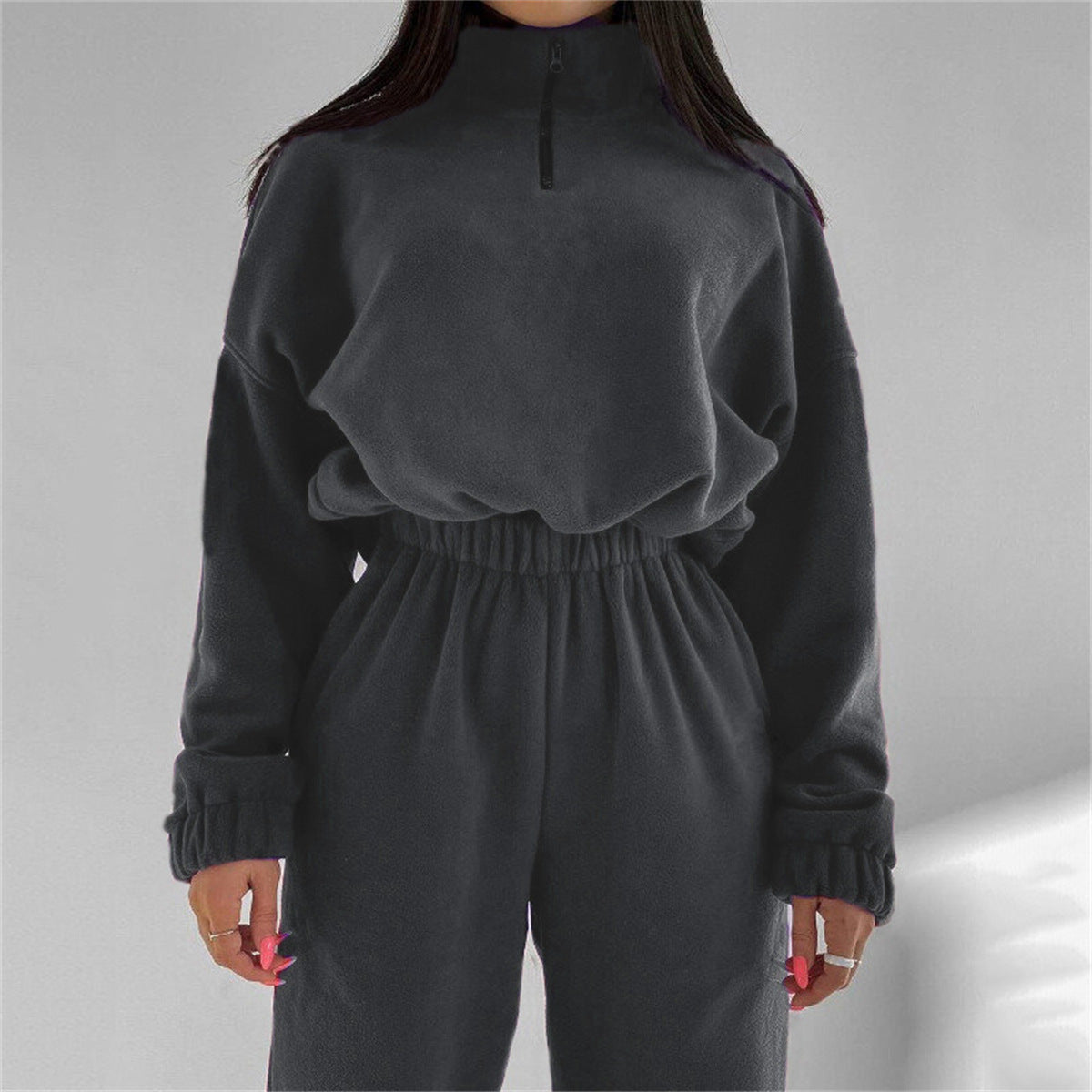 Women's Solid Color Loose Zip Stand Collar Fashion Casual Suit
