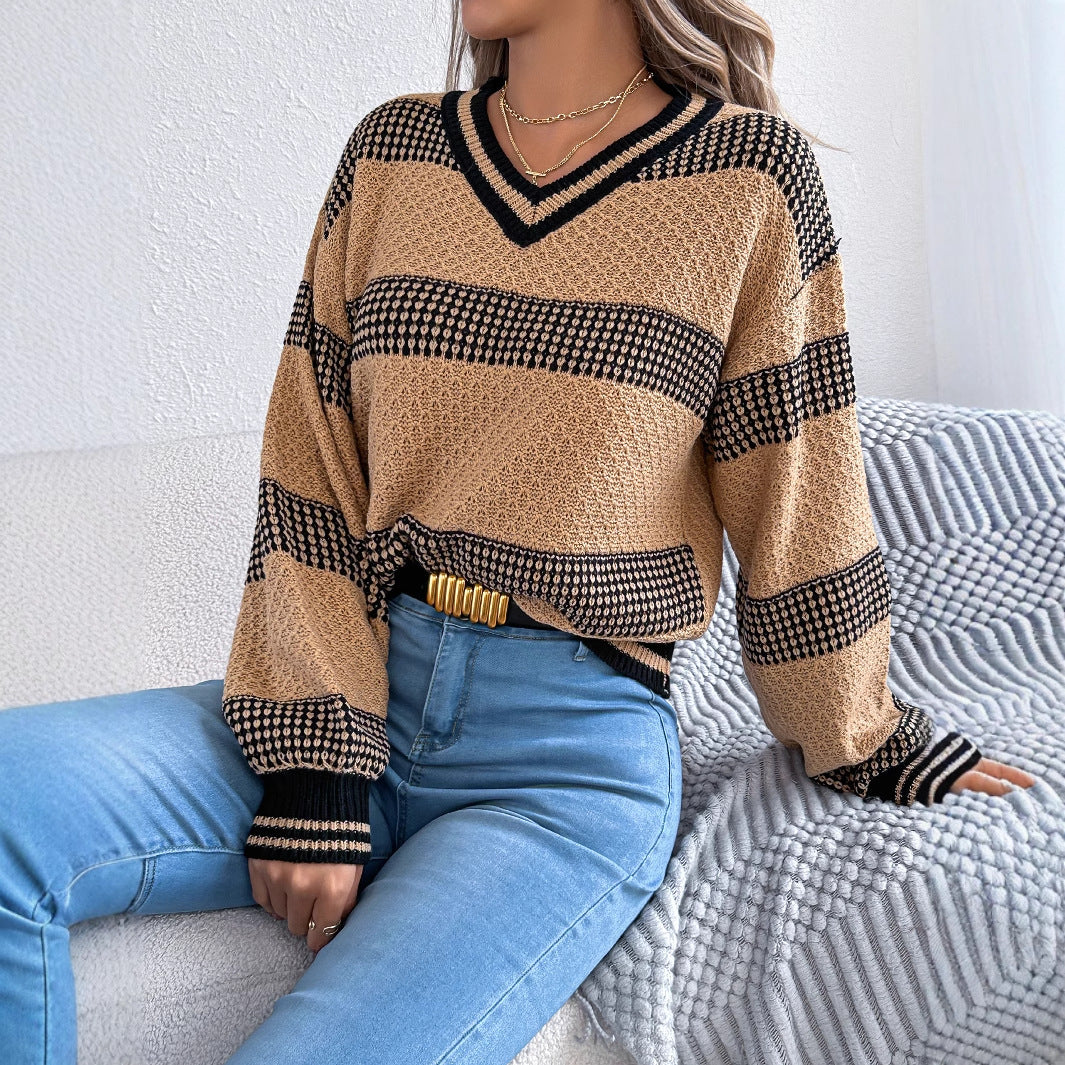 Women's Contrast Color Striped Lantern Long Sleeve Sweater