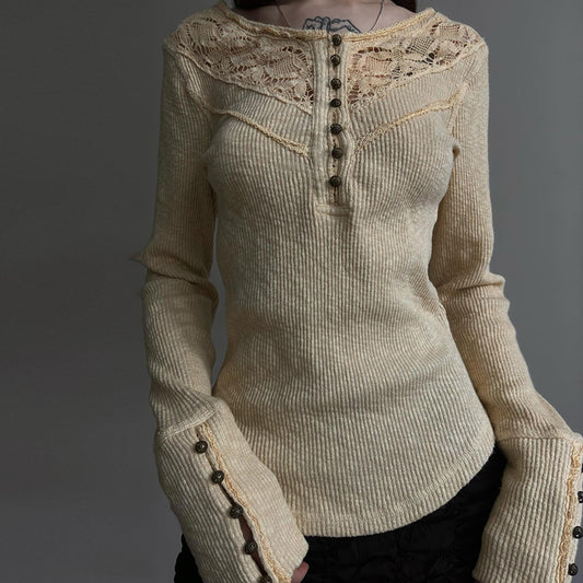 Women's Lace Stitching Split Breasted Round Neck Slim Fit Blouses